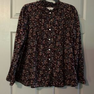 Loft Burgandy Flowered smock front , button long sleeve blouse